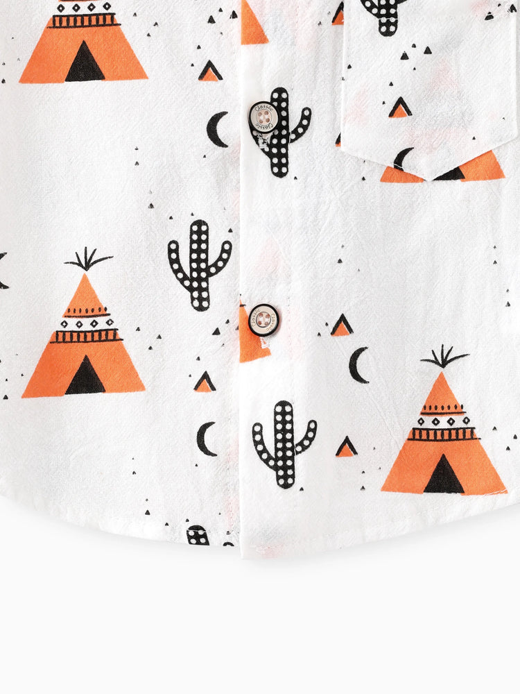 2pcs Baby Boy 95% Cotton Short-sleeve All Over Cactus Print Button Up Shirt and Solid Shorts Set Orange