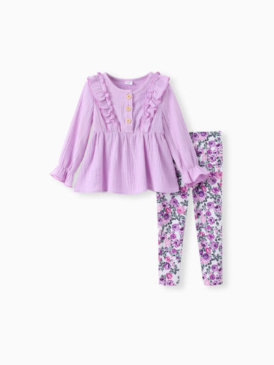 Ensemble 2 pièces haut à volants et leggings fleuris pour petite fille, violet