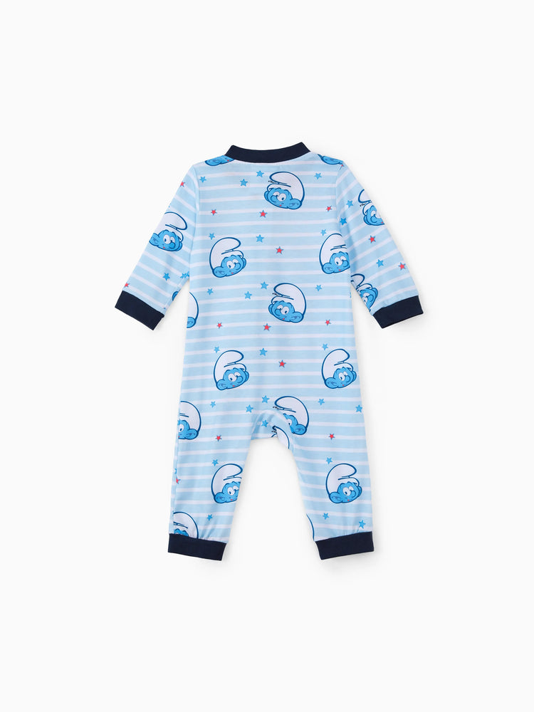 Smurfs Baby Boy Allover Print Striped Zipper Long-sleeve Jumpsuit Color block