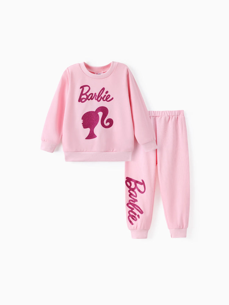 Barbie 2pcs Toddler Girl Character Letter Print Cotton Pullover Sweatshirt and Elasticized Pants Set Pink