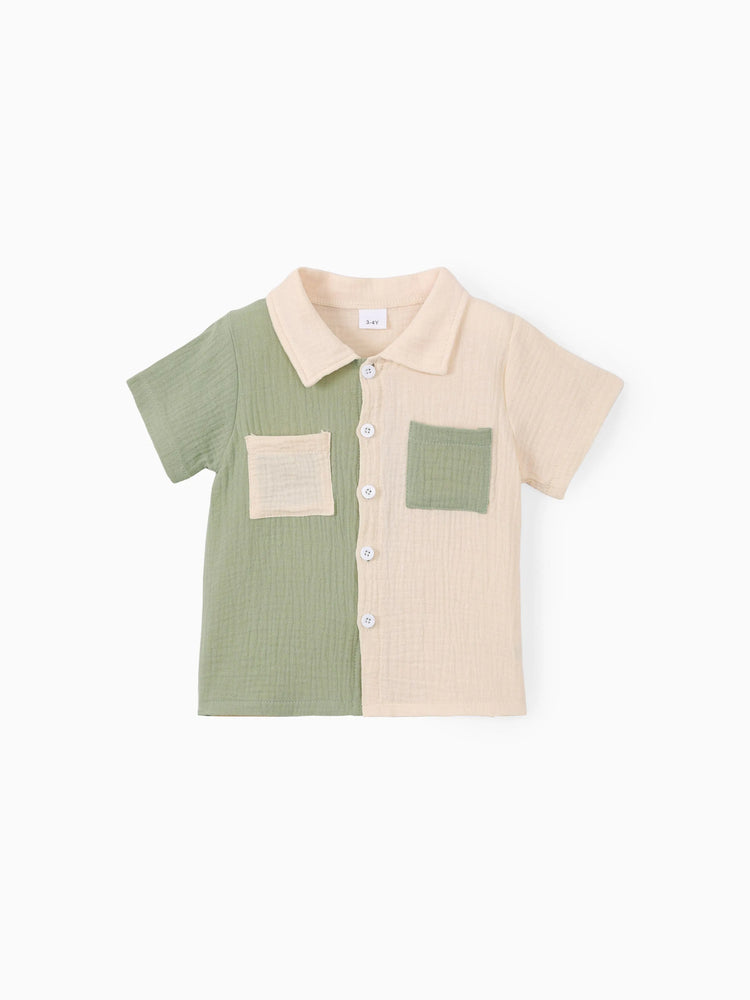 Kleinkind Junge 3-teiliges strukturiertes Revershemd und festes T-Shirt und Shorts Set Farbblock