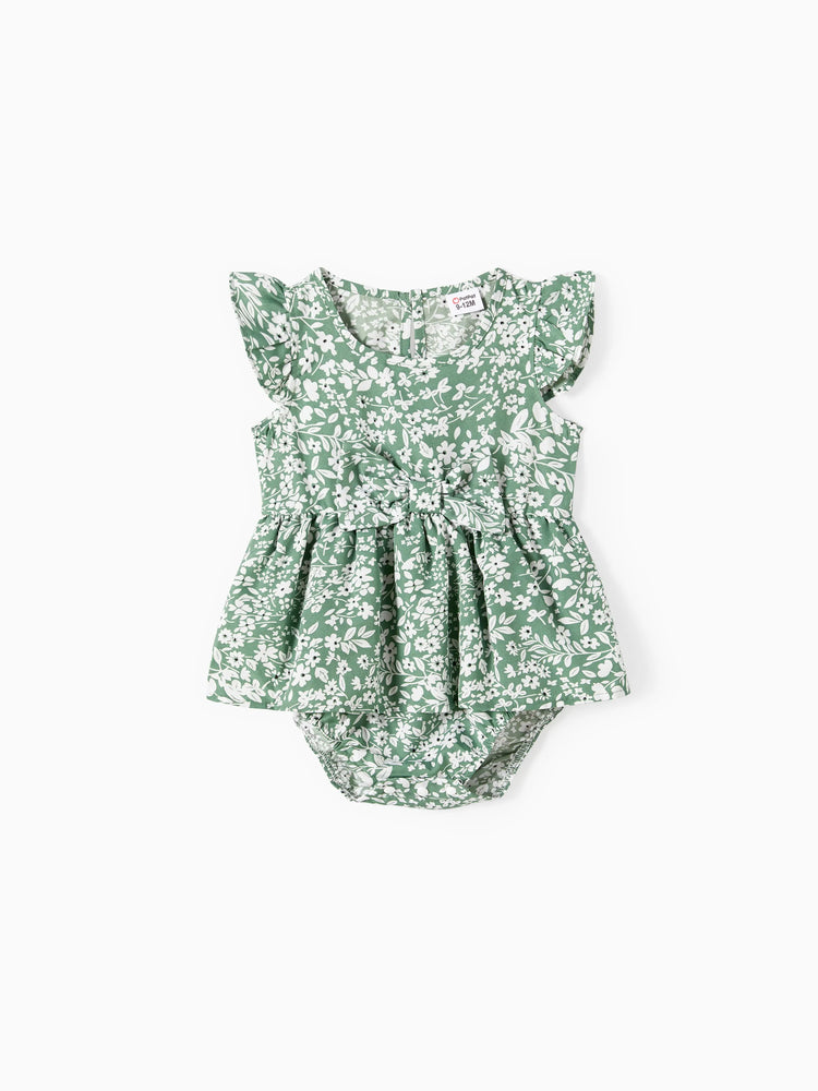 Elegant Broken Flower Matching Outfits for Family, Smocking Design, Medium Thickness Green