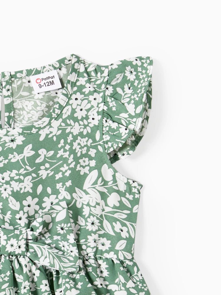 Daddy & Daughter Elegant Broken Flower Matching Outfits for Family, Smocking Design, Medium Thickness Green