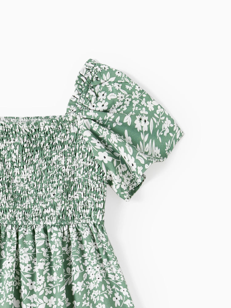 Daddy & Daughter Elegant Broken Flower Matching Outfits for Family, Smocking Design, Medium Thickness Green