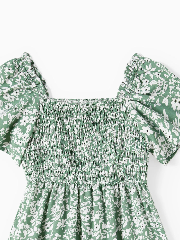 Daddy & Daughter Elegant Broken Flower Matching Outfits for Family, Smocking Design, Medium Thickness Green