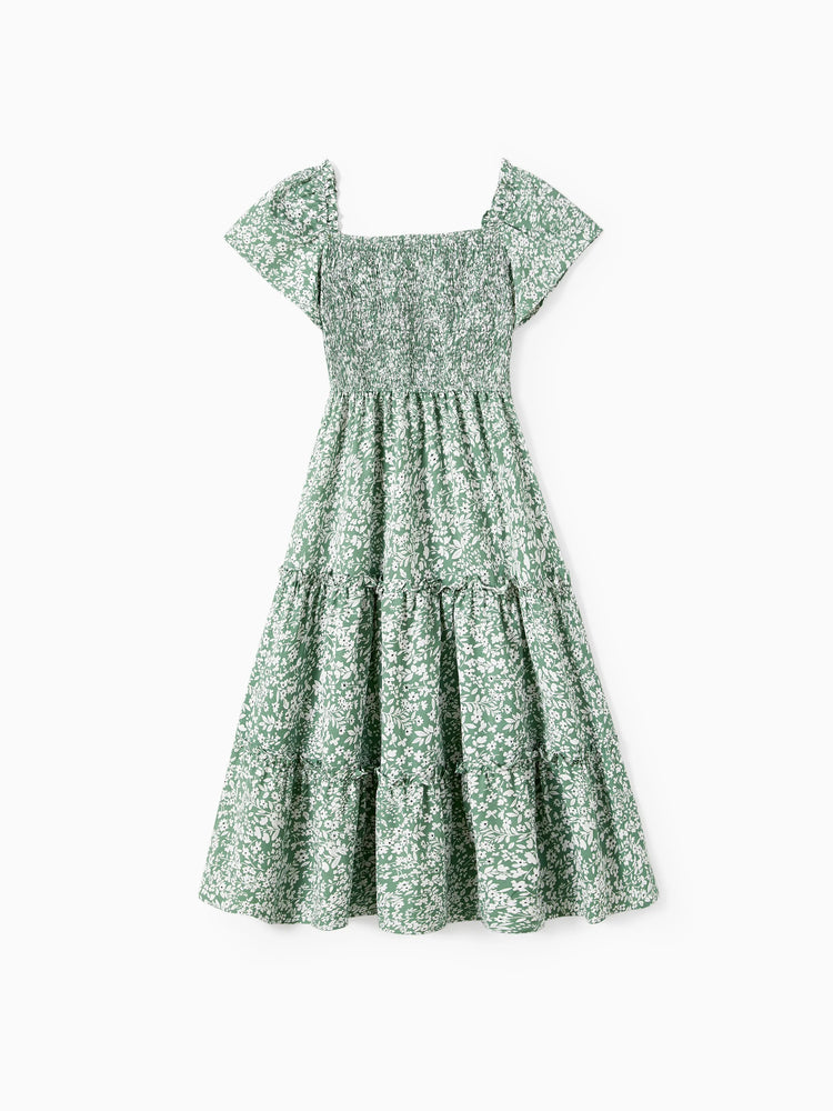 Elegant Broken Flower Matching Outfits for Family, Smocking Design, Medium Thickness Green