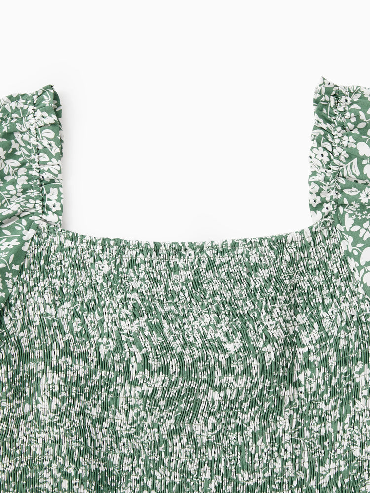 Elegant Broken Flower Matching Outfits for Family, Smocking Design, Medium Thickness Green