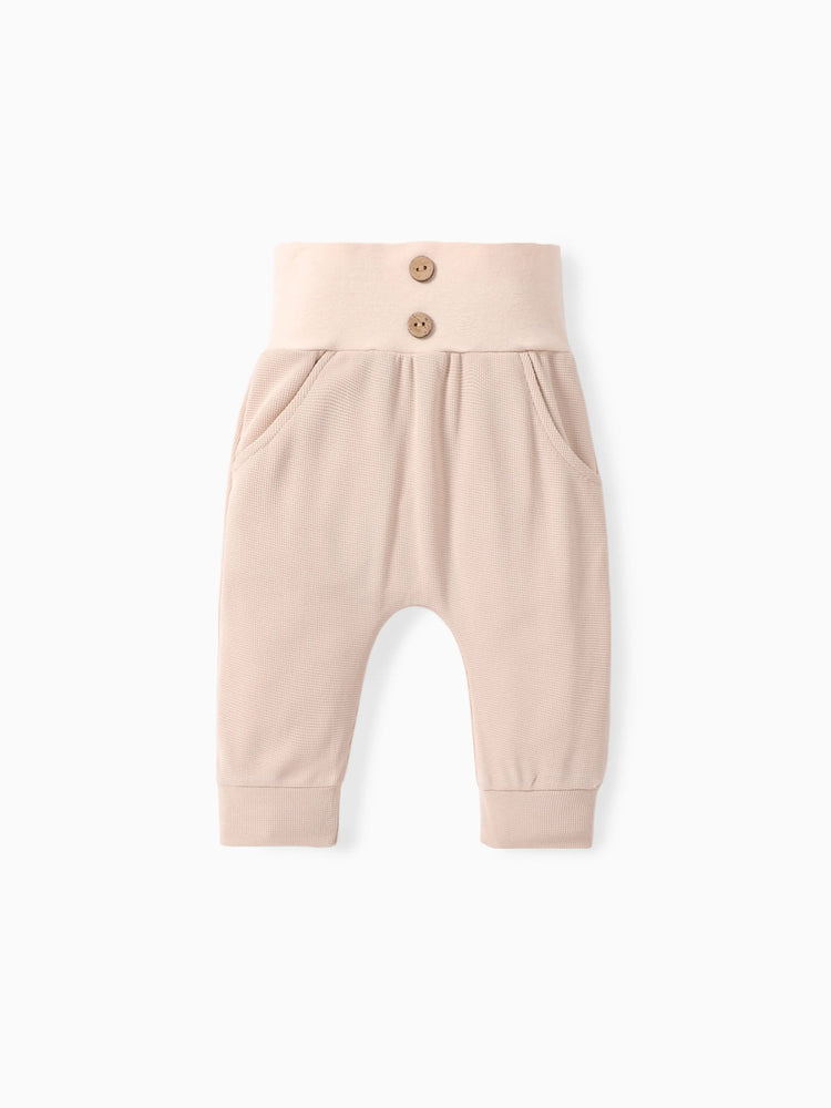 Pantalon taille haute texturé gaufré uni pour bébé garçon/fille, abricot