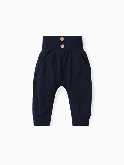 Baby Boy/Girl Solid Waffle Textured High Waist Pants Tibetanblue
