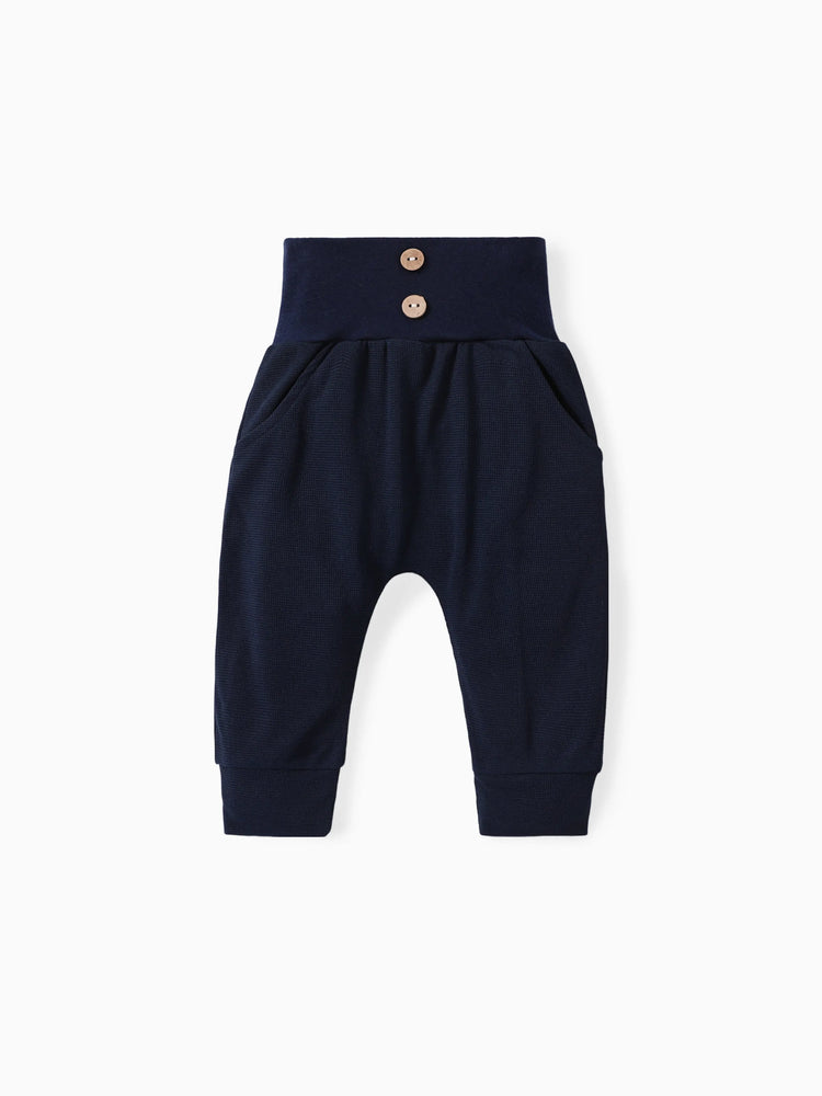 Pantalon taille haute texturé gaufré uni pour bébé garçon/fille, bleu tibétain