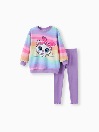 Ensemble 2 pièces sweat-shirt et leggings imprimé chat multicolore pour petite fille