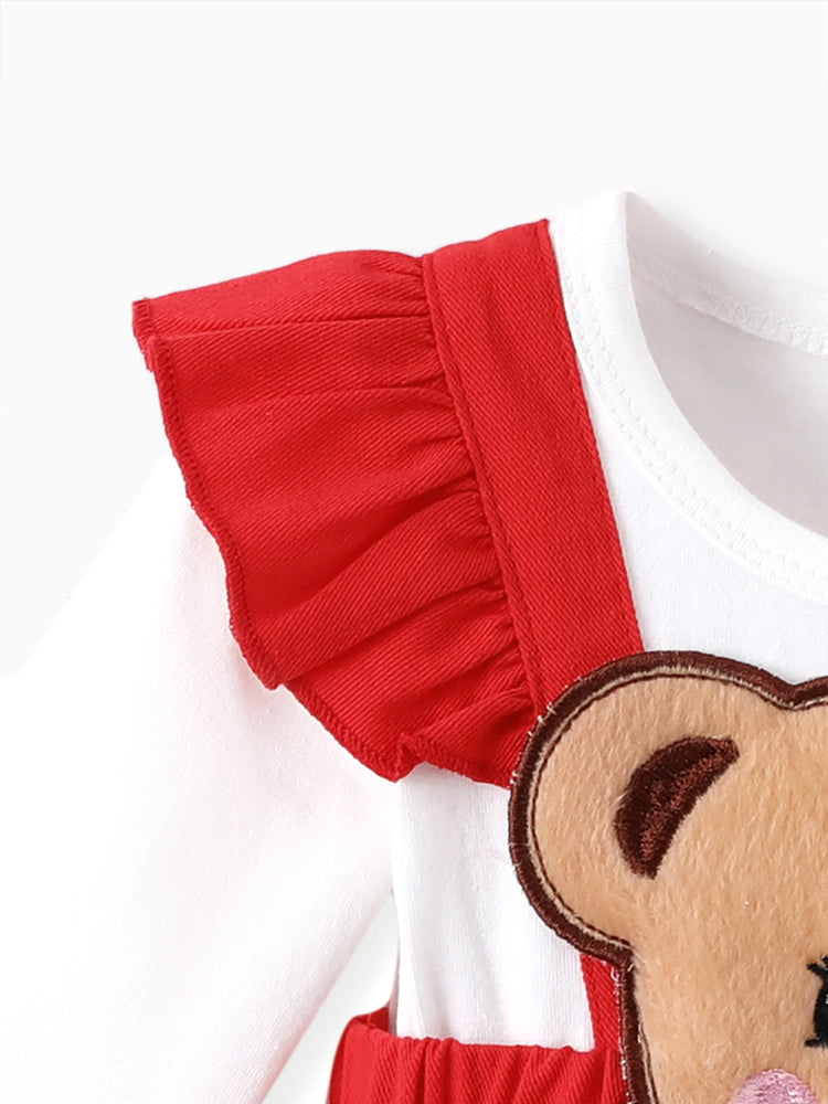 Baby Girl Clothes Bear Style Embroidered Romper with Headband Red