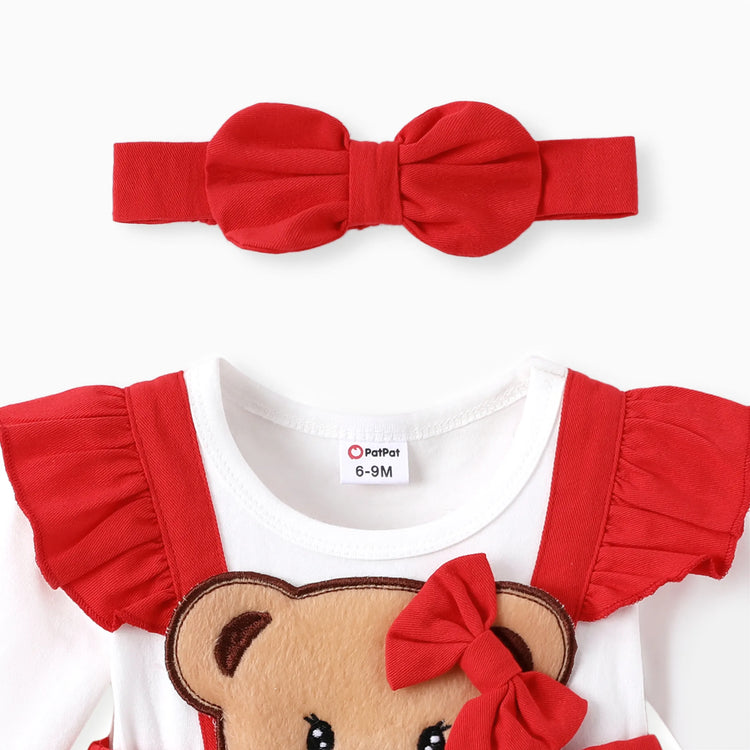 Baby Girl Clothes Bear Style Embroidered Romper with Headband Red