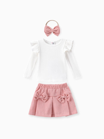 3pcs Baby Girl 95% Cotton Ribbed Ruffle Long-sleeve Top and Bow Front Skirt & Headband Set Pink