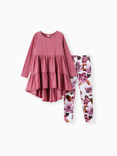 Kid Girl 2pcs Ruffled Irregular Top and Floral Print Leggings Set Roseo