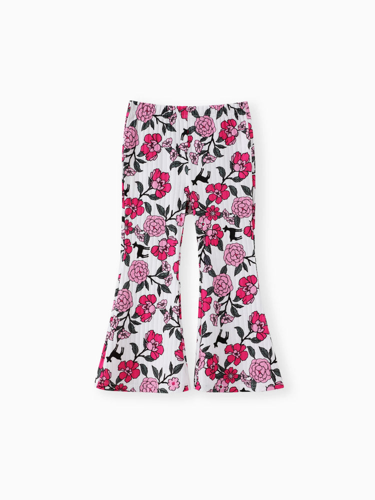 Ensemble 2 pièces pour petite fille avec sweat-shirt à volants et pantalon évasé à fleurs, couleur bloc