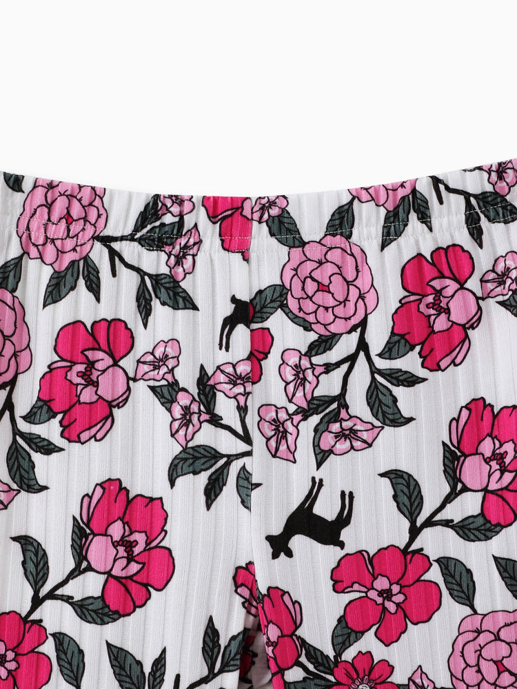 Ensemble 2 pièces pour petite fille avec sweat-shirt à volants et pantalon évasé à fleurs, couleur bloc