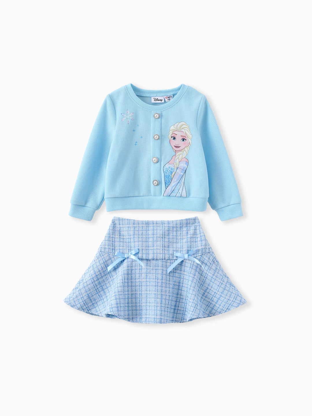 Conjunto de 2 piezas de top de algodón Elsa y falda con lazo de tweed para niña pequeña de Disney Frozen, color azul