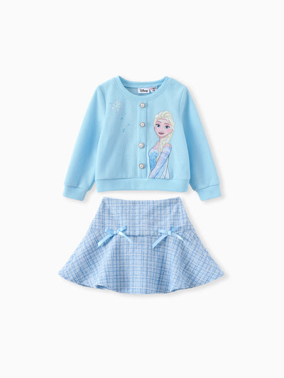 Ensemble 2 pièces haut en coton Elsa et jupe en tweed à nœud papillon pour petite fille Disney La Reine des Neiges, bleu