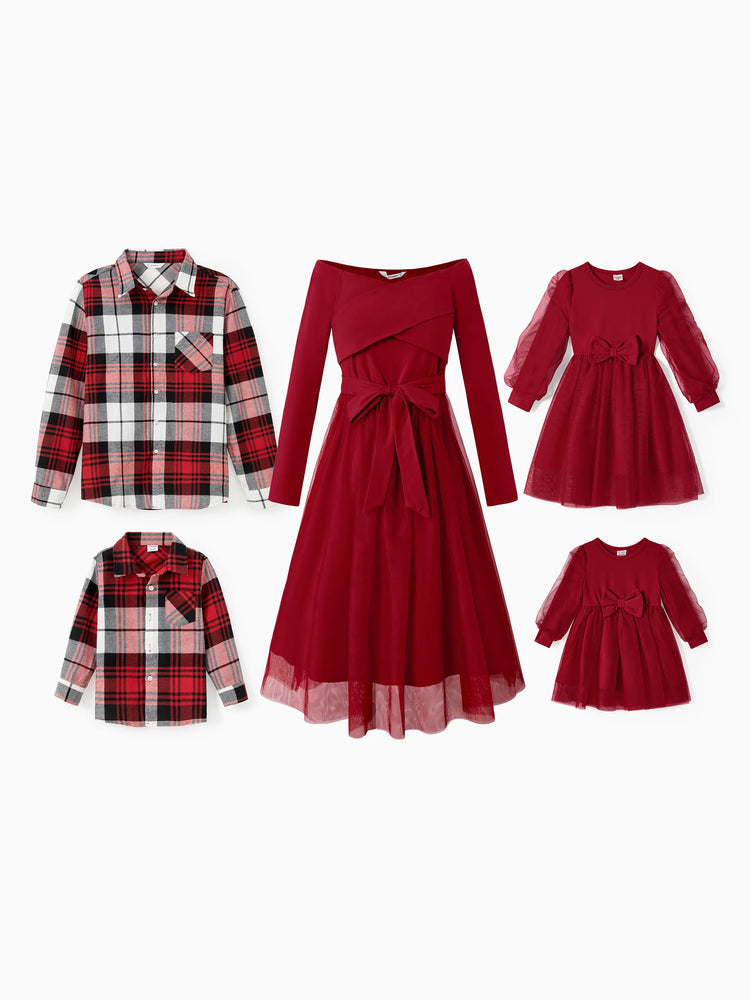 Ensembles assortis pour toute la famille : chemises à carreaux et robes rouges en maille épissée avec ceinture bordeaux
