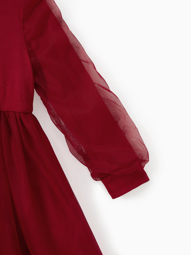 Ensembles assortis pour toute la famille : chemises à carreaux et robes rouges en maille épissée avec ceinture bordeaux