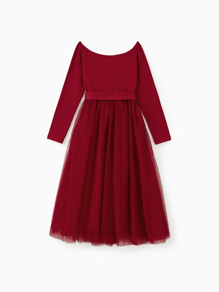 Ensembles assortis pour toute la famille : chemises à carreaux et robes rouges en maille épissée avec ceinture bordeaux