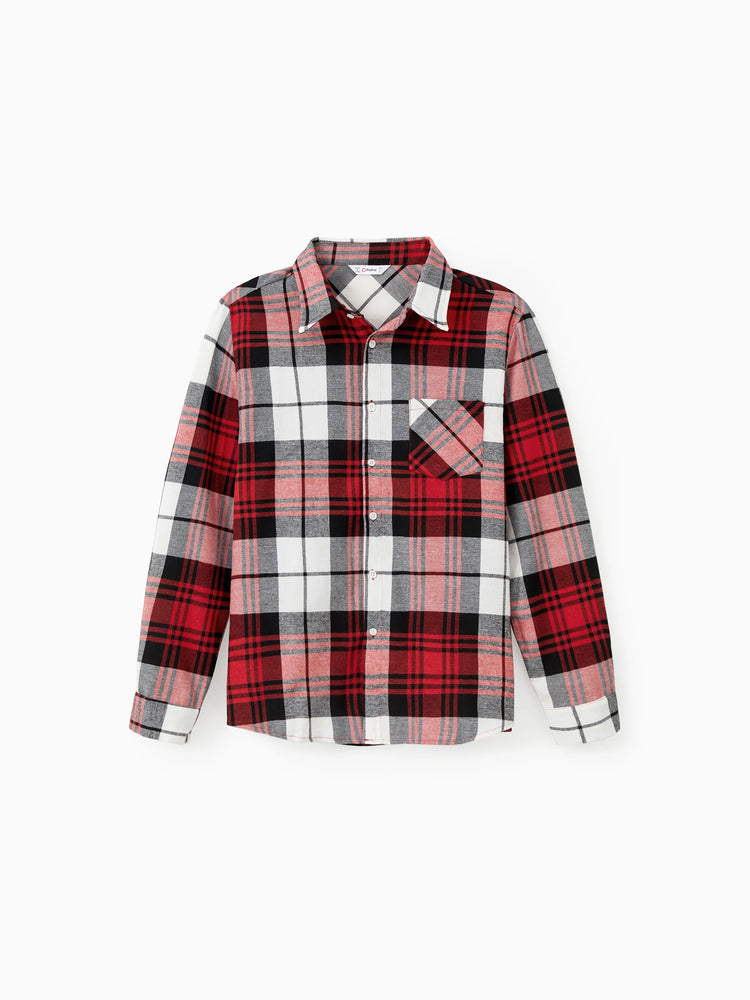 Ensembles assortis pour toute la famille : chemises à carreaux et robes rouges en maille épissée avec ceinture bordeaux