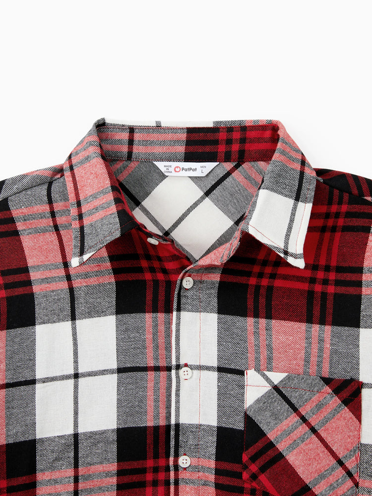 Ensembles assortis pour toute la famille : chemises à carreaux et robes rouges en maille épissée avec ceinture bordeaux