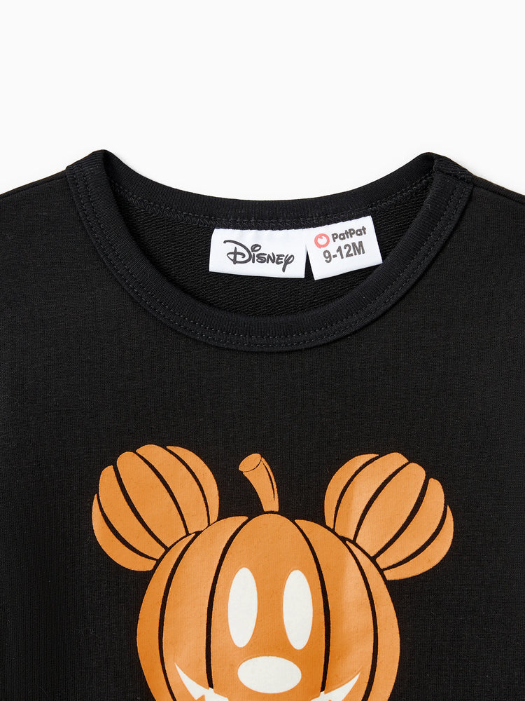 Disney Mickey and Friends Halloween Glow In The Dark Family Matching Pumpkin Print Long-sleeve Tops Black