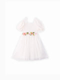 Toddler Girl Sweet Floral Design Mesh Splice Puff-sleeve Dress White