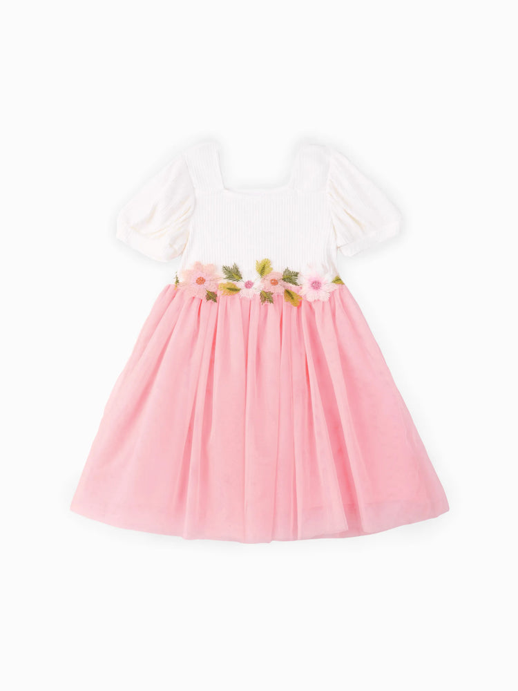 Toddler Girl Sweet Floral Design Mesh Splice Puff-sleeve Dress PinkyWhite