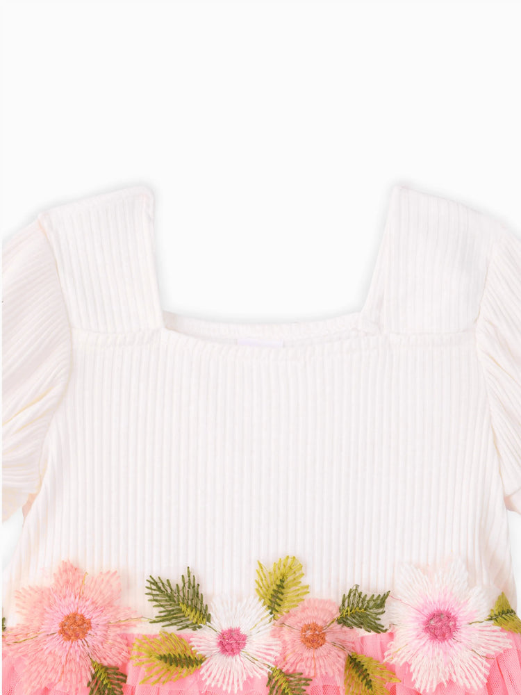 Toddler Girl Sweet Floral Design Mesh Splice Puff-sleeve Dress PinkyWhite