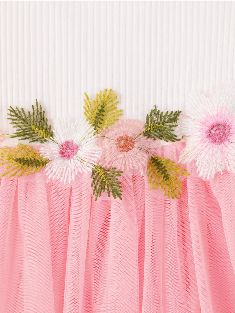 Toddler Girl Sweet Floral Design Mesh Splice Puff-sleeve Dress PinkyWhite