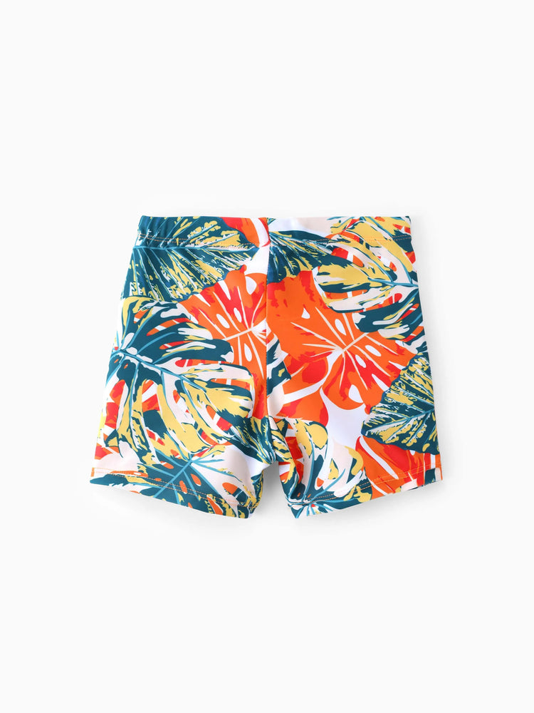 Daddy & Son Orange and All Over Tropical Plant Print Splicing Ruffle Swim Trunks Shorts Orange color