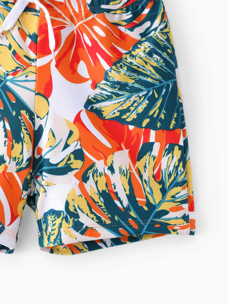 Family Matching Orange and All Over Tropical Plant Print Splicing Ruffle One-Piece Swimsuit and Swim Trunks Shorts Orange color