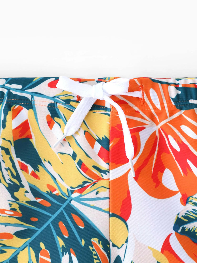 Family Matching Orange and All Over Tropical Plant Print Splicing Ruffle One-Piece Swimsuit and Swim Trunks Shorts Orange color