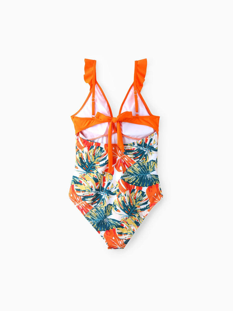 Family Matching Orange and All Over Tropical Plant Print Splicing Ruffle One-Piece Swimsuit and Swim Trunks Shorts Orange color
