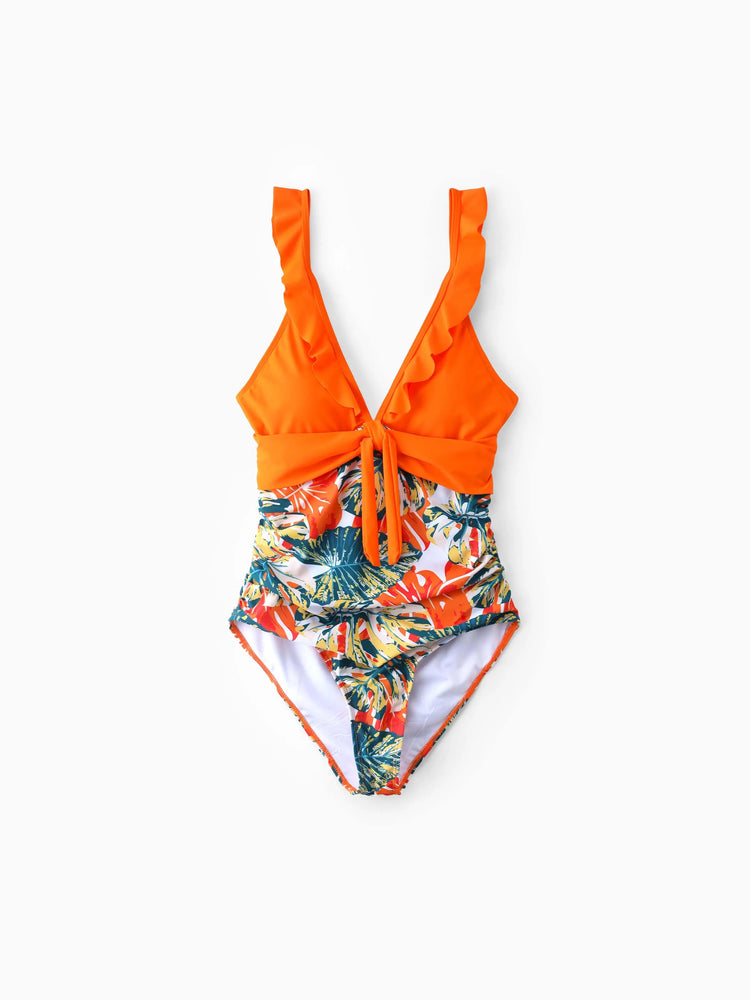 Family Matching Orange and All Over Tropical Plant Print Splicing Ruffle One-Piece Swimsuit and Swim Trunks Shorts Orange color