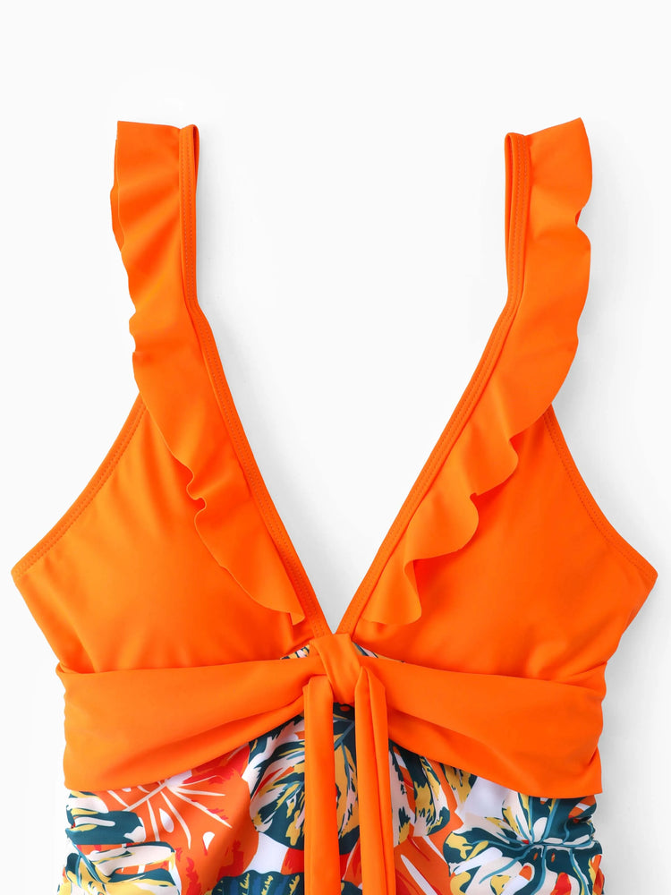 Family Matching Orange and All Over Tropical Plant Print Splicing Ruffle One-Piece Swimsuit and Swim Trunks Shorts Orange color