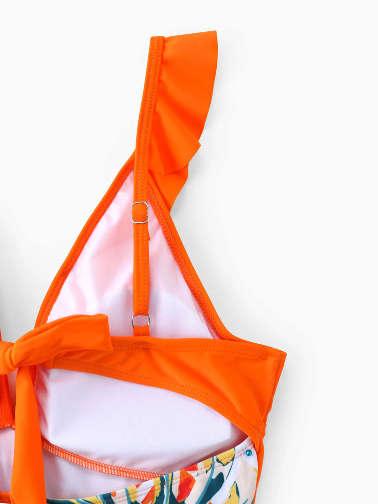 Family Matching Orange and All Over Tropical Plant Print Splicing Ruffle One-Piece Swimsuit and Swim Trunks Shorts Orange color
