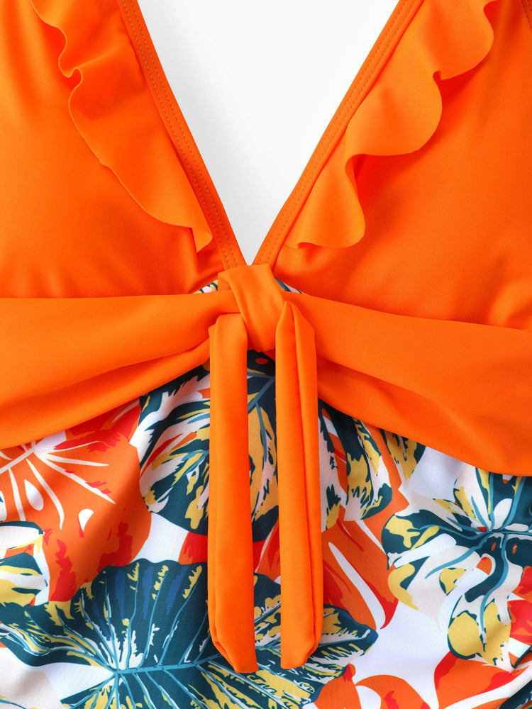 Family Matching Orange and All Over Tropical Plant Print Splicing Ruffle One-Piece Swimsuit and Swim Trunks Shorts Orange color