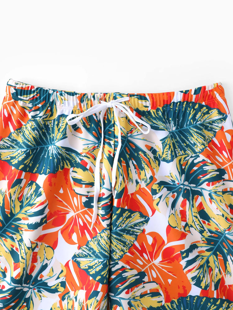 Daddy & Daughter Orange and All Over Tropical Plant Print Splicing Ruffle One-Piece Swimsuit and Swim Trunks Shorts Orange color