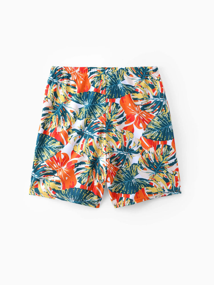 Daddy & Son Orange and All Over Tropical Plant Print Splicing Ruffle Swim Trunks Shorts Orange color