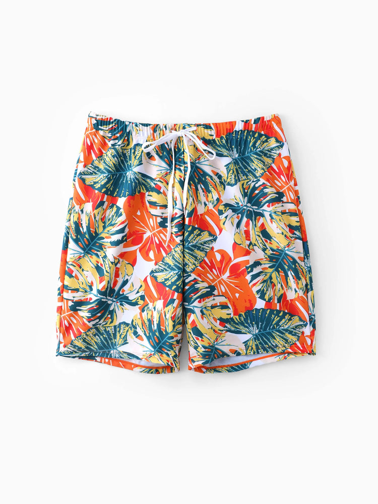 Family Matching Orange and All Over Tropical Plant Print Splicing Ruffle One-Piece Swimsuit and Swim Trunks Shorts Orange color