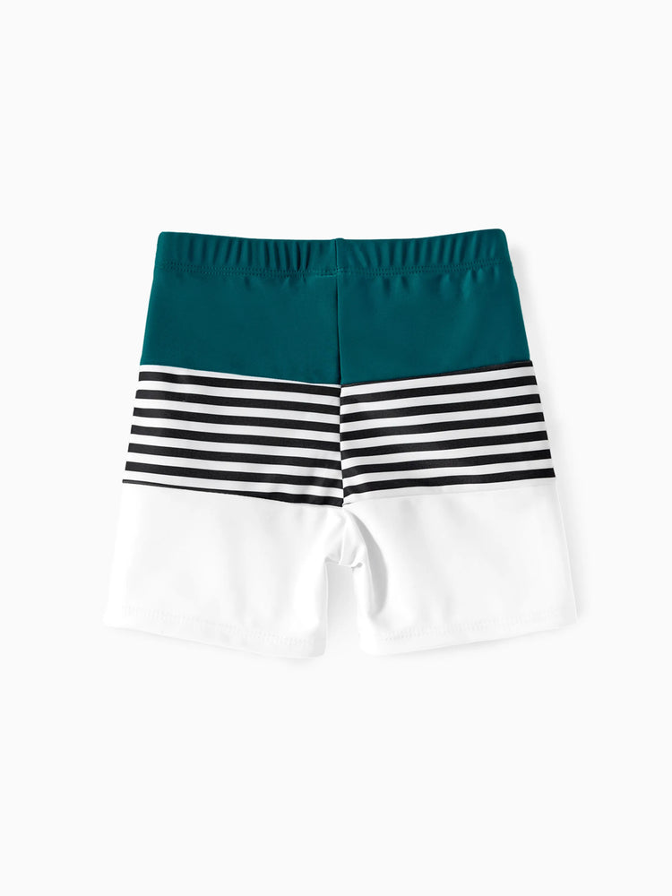 Daddy & Son Colorblock Striped Spliced Swim Trunks Shorts DeepTurquoise