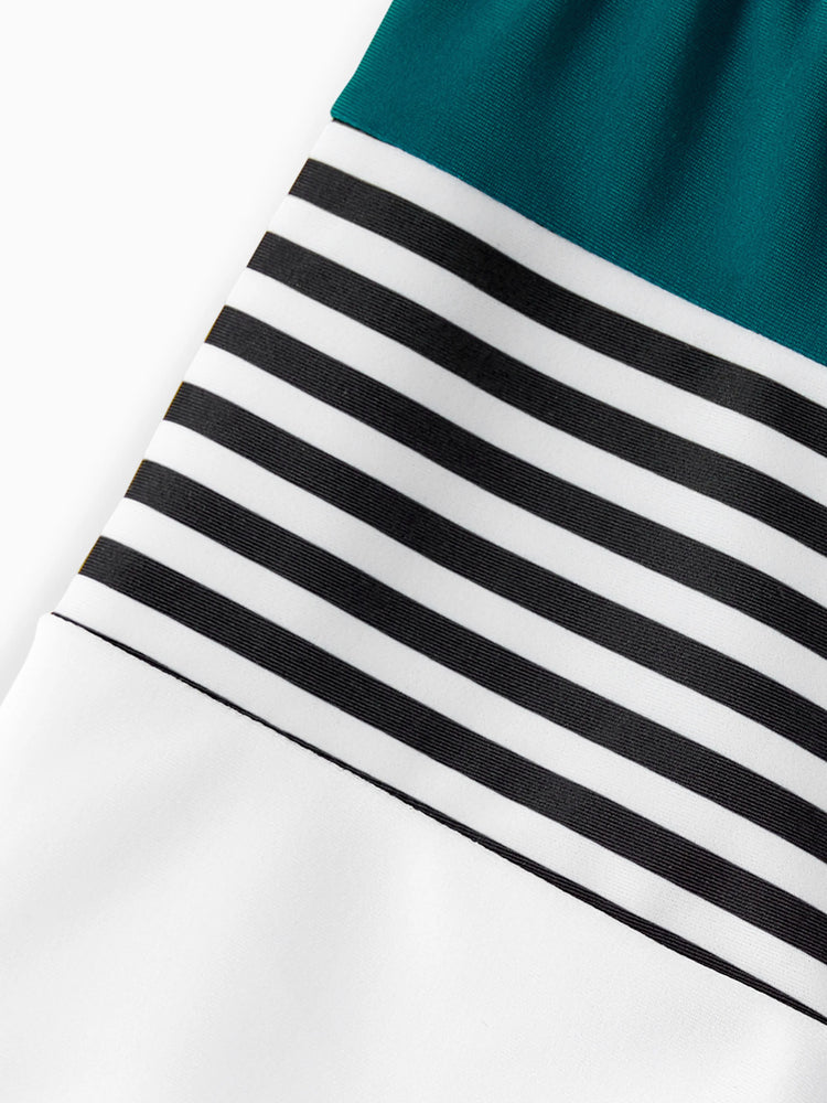 Daddy & Son Colorblock Striped Spliced Swim Trunks Shorts DeepTurquoise