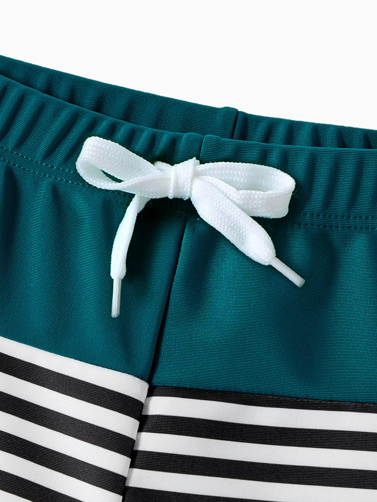 Daddy & Son Colorblock Striped Spliced Swim Trunks Shorts DeepTurquoise