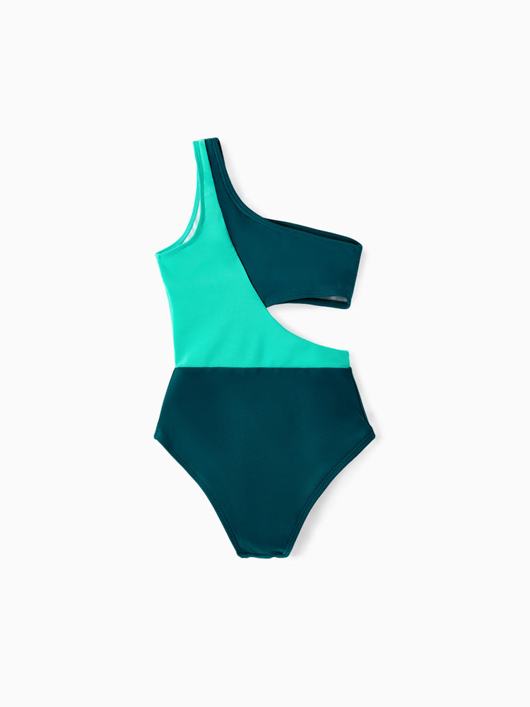 Toddler Girl Colorblock One Shoulder Cut Out One-piece Swimsuit  Deep Turquoise