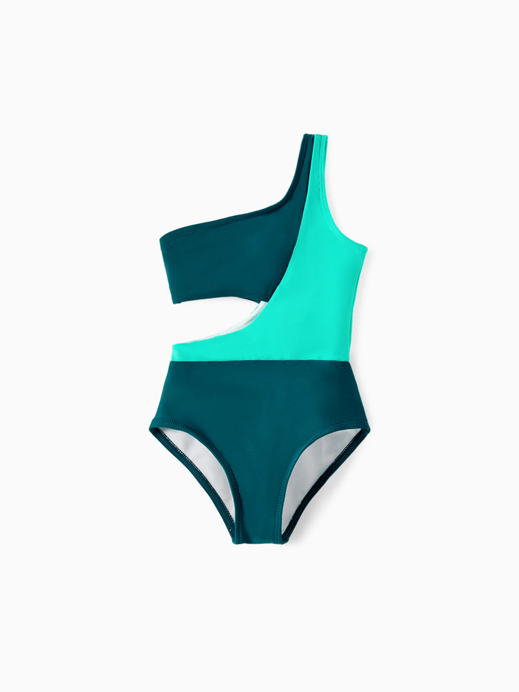 Toddler Girl Colorblock One Shoulder Cut Out One-piece Swimsuit  Deep Turquoise