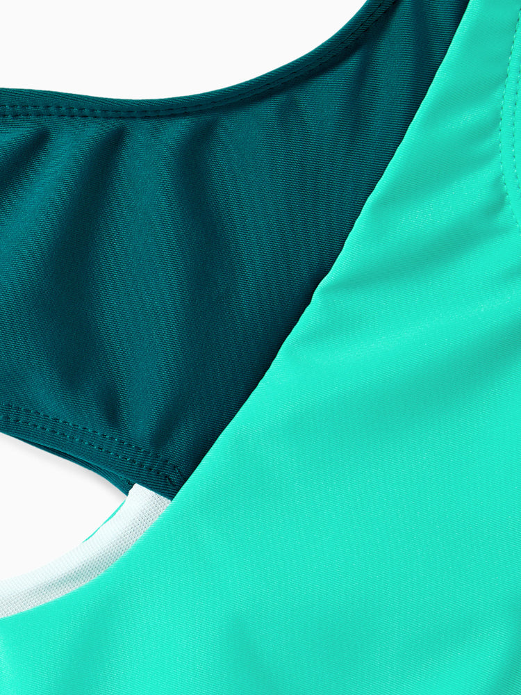 Daddy & Daughter Colorblock One Shoulder Cut Out One-piece Swimsuit and Striped Spliced Swim Trunks Shorts DeepTurquoise